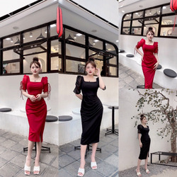 Đầm Body Xếp Ly Cổ Vuông Tay Rút Dây Sang Trọng