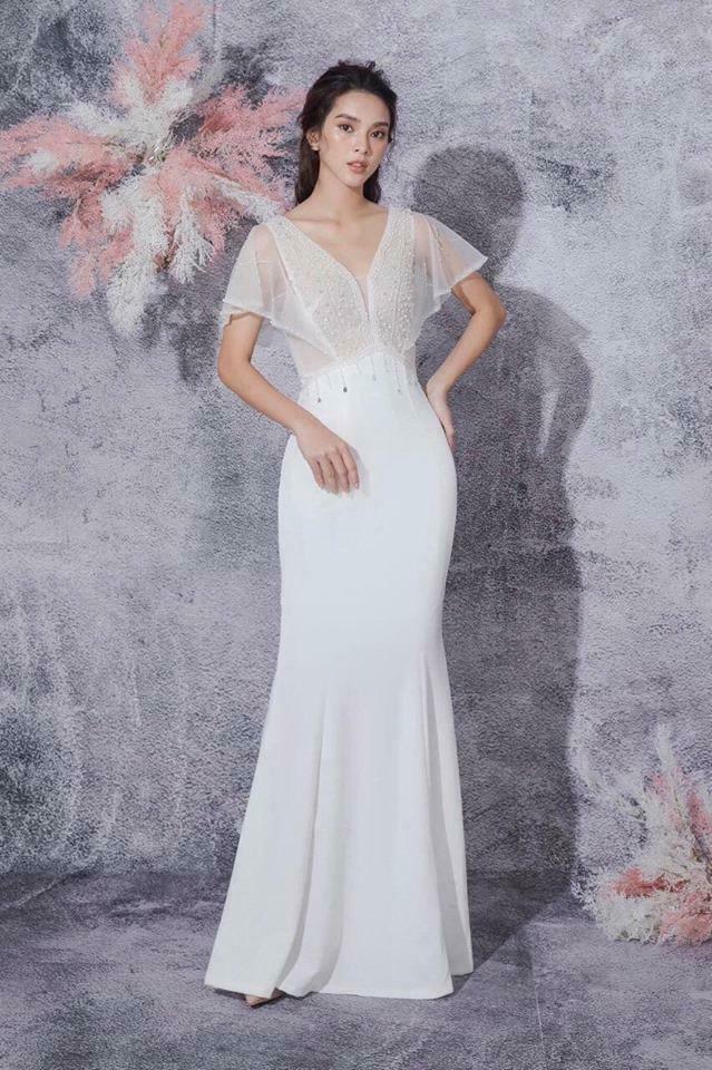 Đầm dạ hội đuôi cá phối lưới kết hạt sang trọng