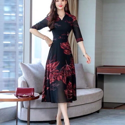 Đầm xòe dự tiệc cổ sơ mi họa tiết sang trọng