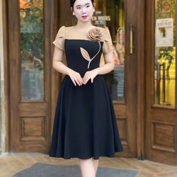 Đầm Xòe Phối Đô Bông Vai Dịu Dàng