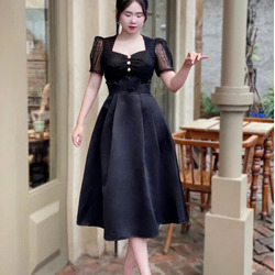 Đầm Xòe Phối Đô Lưới Đính Bông Dự Tiệc Dịu Dàng