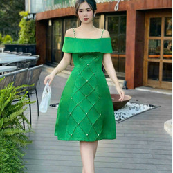 Đầm Xòe Trễ Vai Kết Hạt Đan Eo Dễ Thương