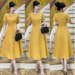 Đầm Xòe Xếp Cổ Đính Nút Tay Lỡ Ngọt Ngào